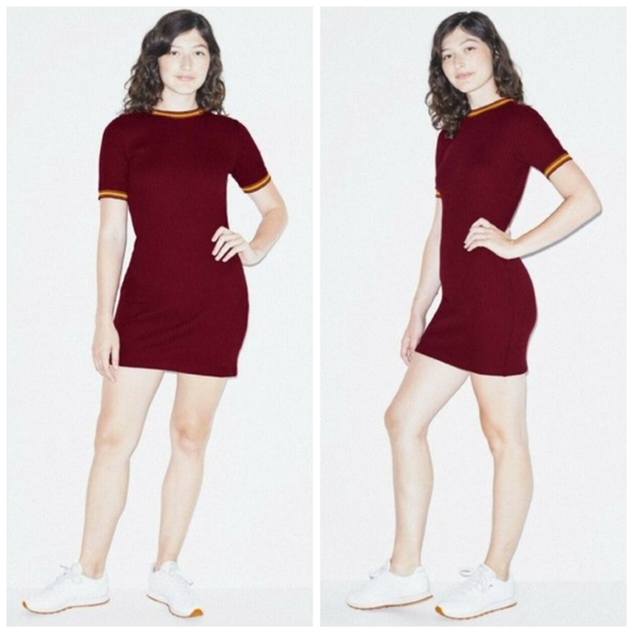 NEW! American Apparel Women Thick Rib Crewneck Ringer Dress Maroon Red - Picture 1 of 7